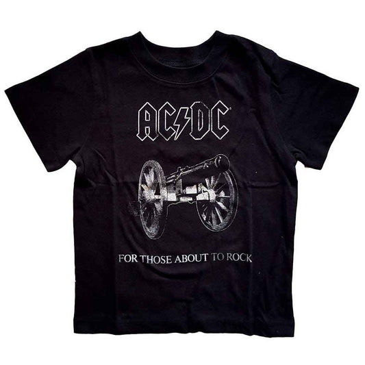 Black AC/DC toddler t-shirt with band logo and cannon graphic.