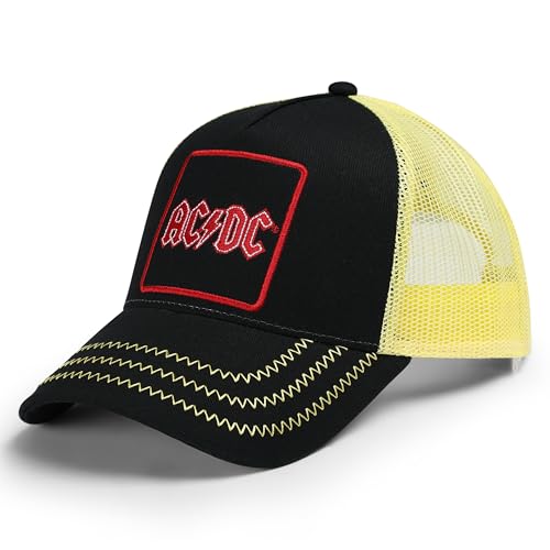 Black trucker cap with yellow mesh back, AC/DC logo patch, and yellow zigzag stitching.