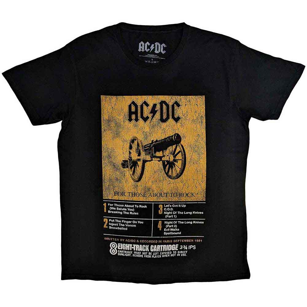 Black unisex t-shirt featuring an AC/DC 8-track tape graphic on the front.