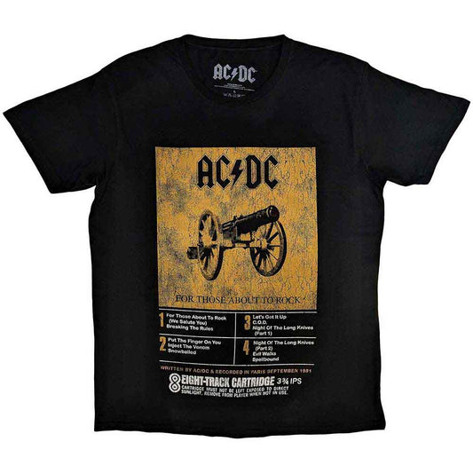 Black unisex t-shirt featuring an AC/DC 8-track tape graphic on the front.