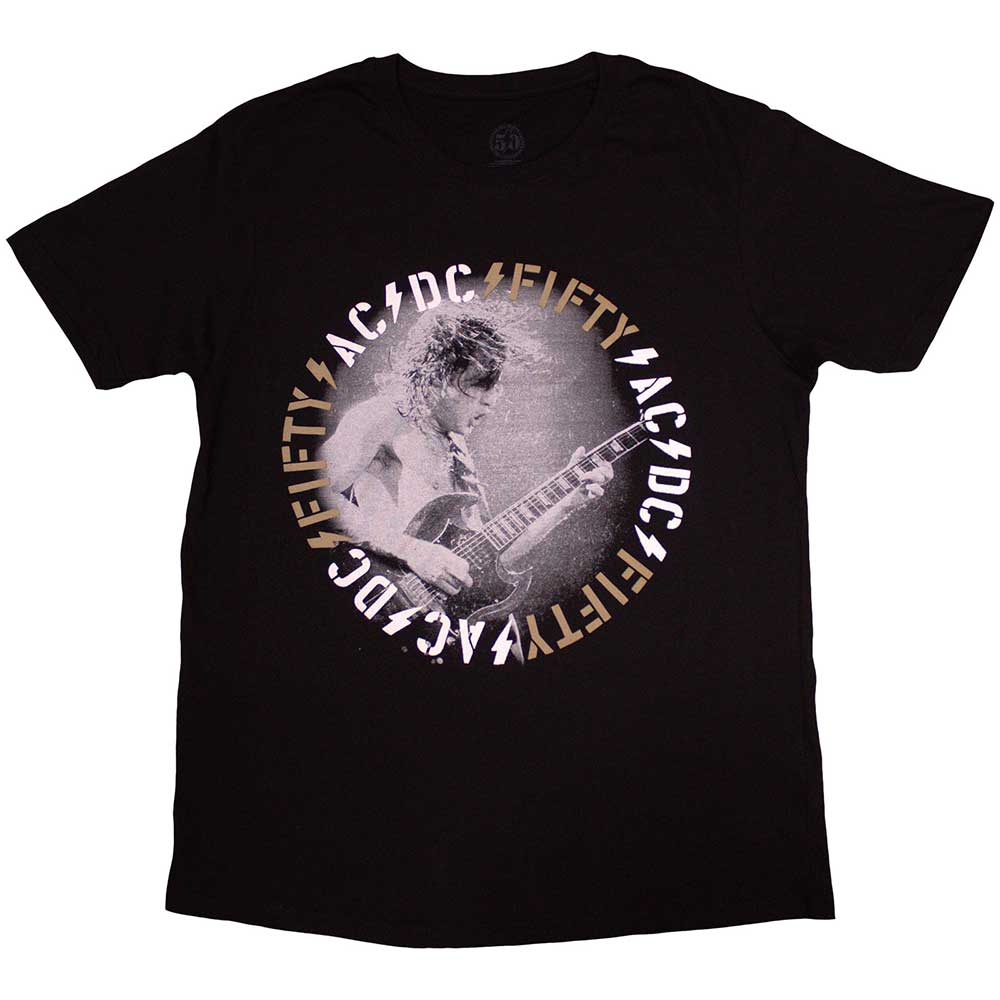 Black AC/DC t-shirt featuring Angus Young performing live on stage.