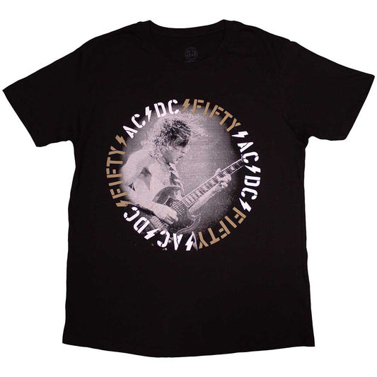 Black AC/DC t-shirt featuring Angus Young performing live on stage.