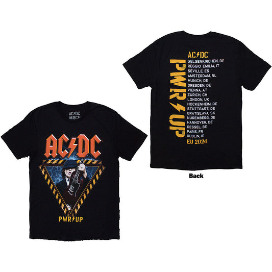 Black AC/DC t-shirt with large back print of Angus Young and tour details.