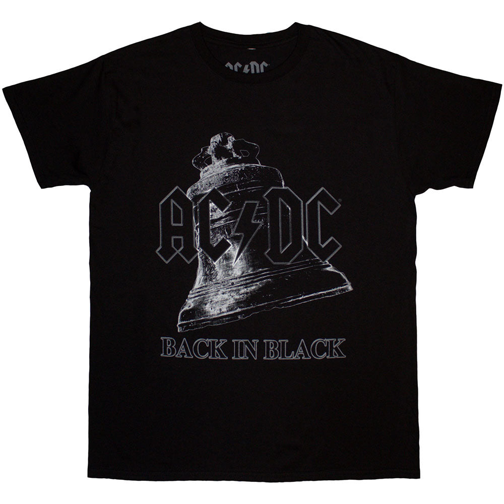 Black AC/DC t-shirt with “Back In Black” bell graphic, size small.