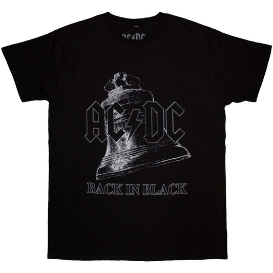 Black AC/DC t-shirt with “Back In Black” bell graphic, size small.