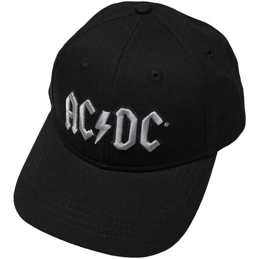 Black baseball cap featuring the AC/DC logo in silver embroidery on the front.