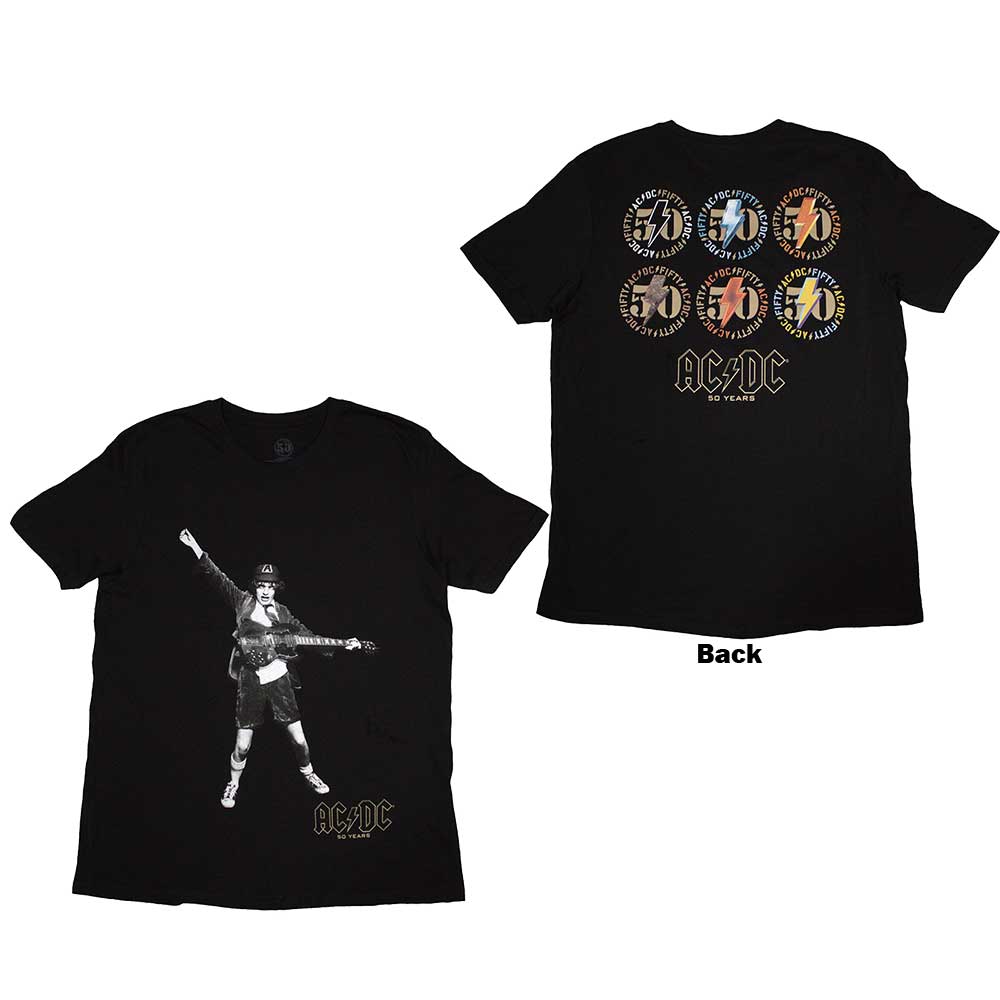 Black unisex AC/DC T-shirt featuring band emblem graphics on the back.