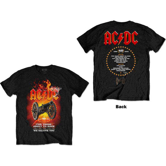 Black AC/DC t-shirt with large back print of “FTATR 40th Flaming” logo.