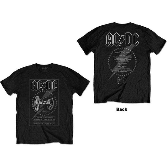 Black AC/DC t-shirt with back print celebrating 40th anniversary of *For Those About to Rock*.