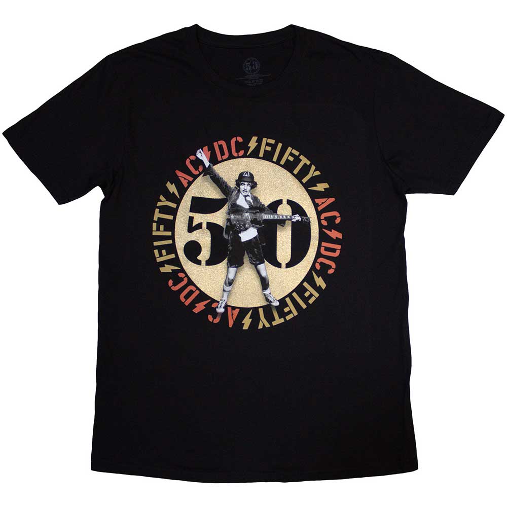 Black unisex t-shirt featuring a gold AC/DC band logo emblem on the chest.