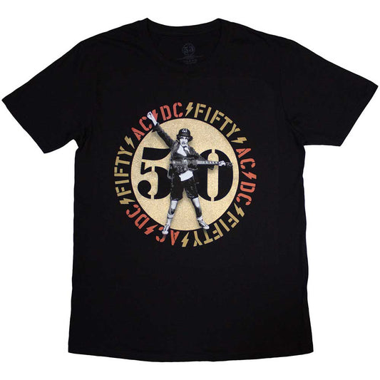 Black unisex t-shirt featuring a gold AC/DC band logo emblem on the chest.