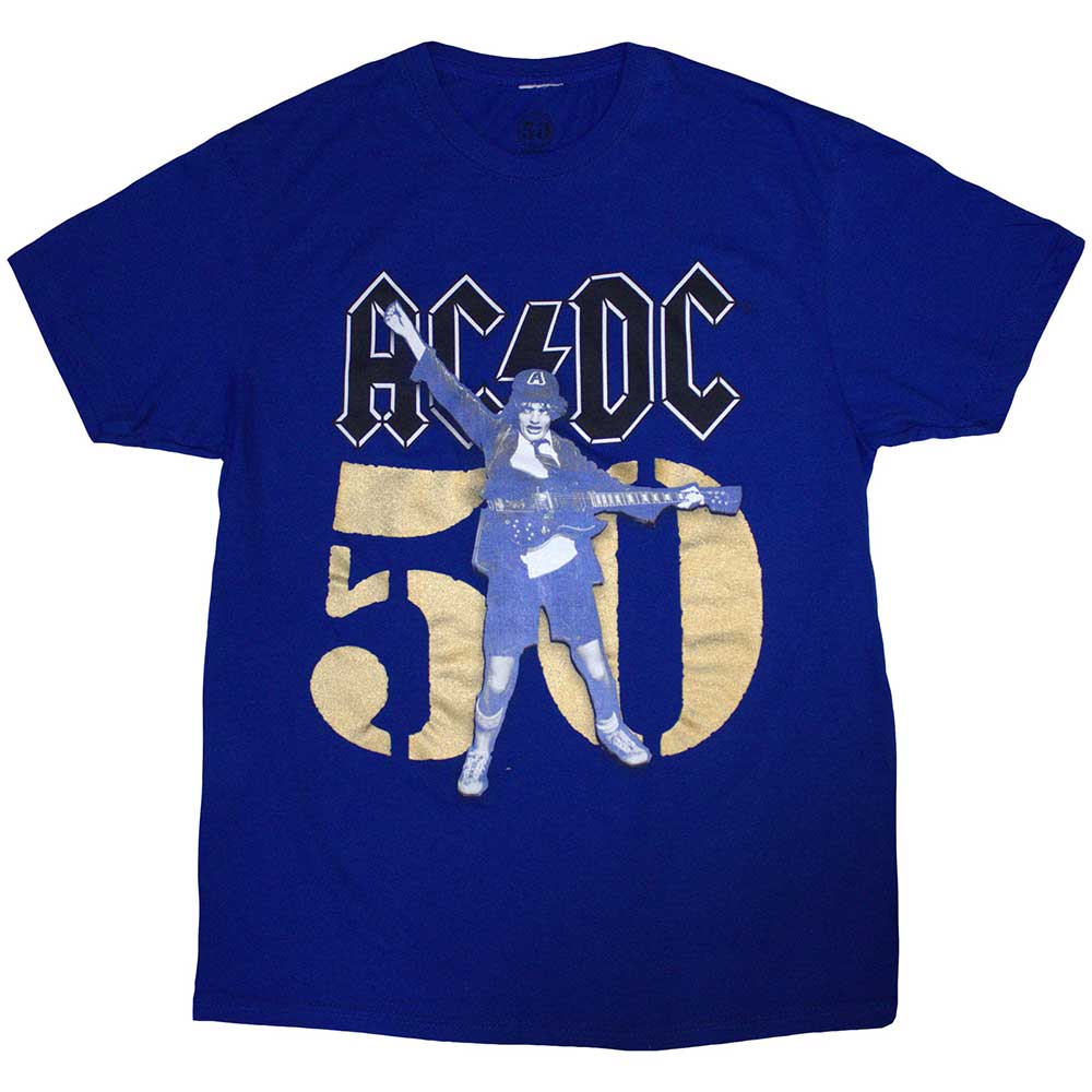 Black AC/DC t-shirt with gold “Fifty” design, unisex medium size.