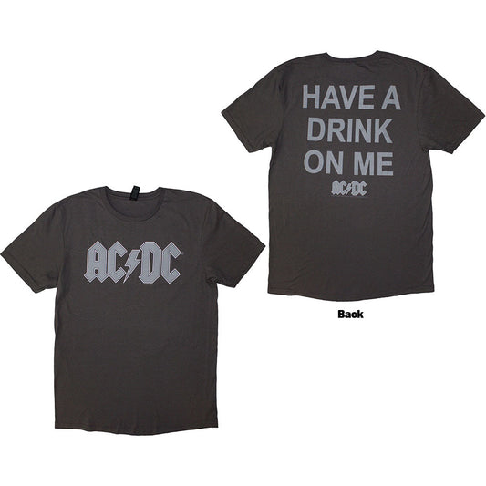 Black AC/DC t-shirt with back print of drink graphic, size small.