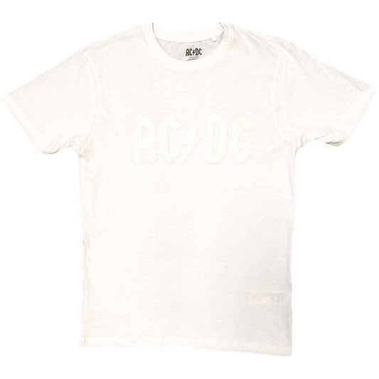 A white unisex t-shirt featuring a tonal white AC/DC logo on the chest.