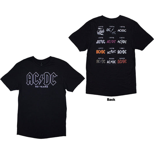 Black AC/DC t-shirt with vintage band logo printed on the back, size small.