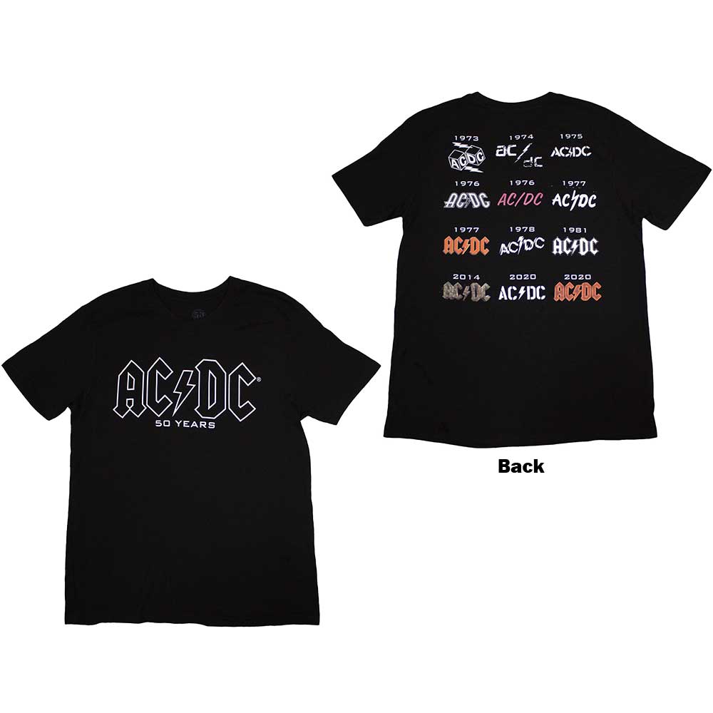 Black AC/DC t-shirt displaying band logo evolution on the back.