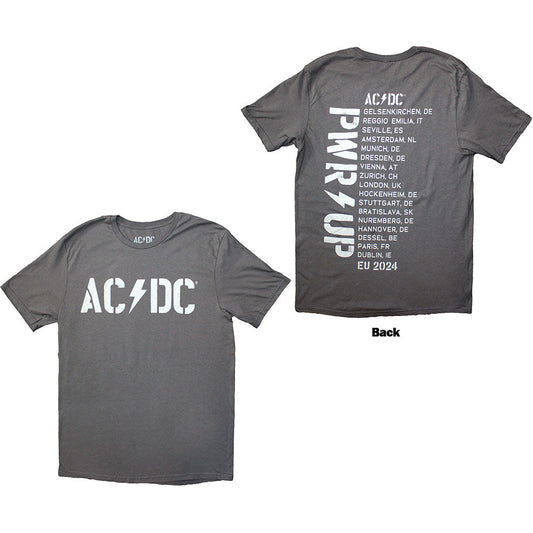 Gray AC/DC t-shirt with tour dates on the back, front logo visible.