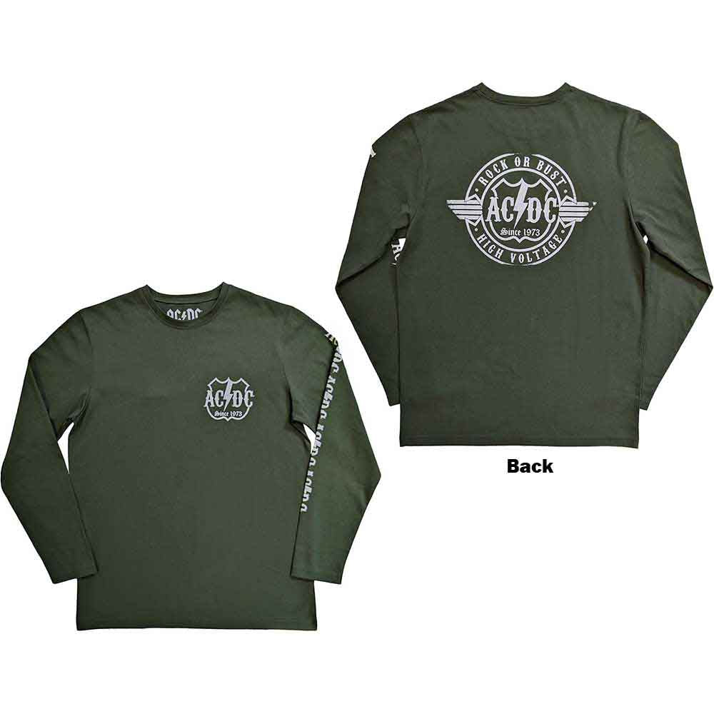 Black AC/DC long sleeve t-shirt with “Rock Or Bust” design on back and sleeves.