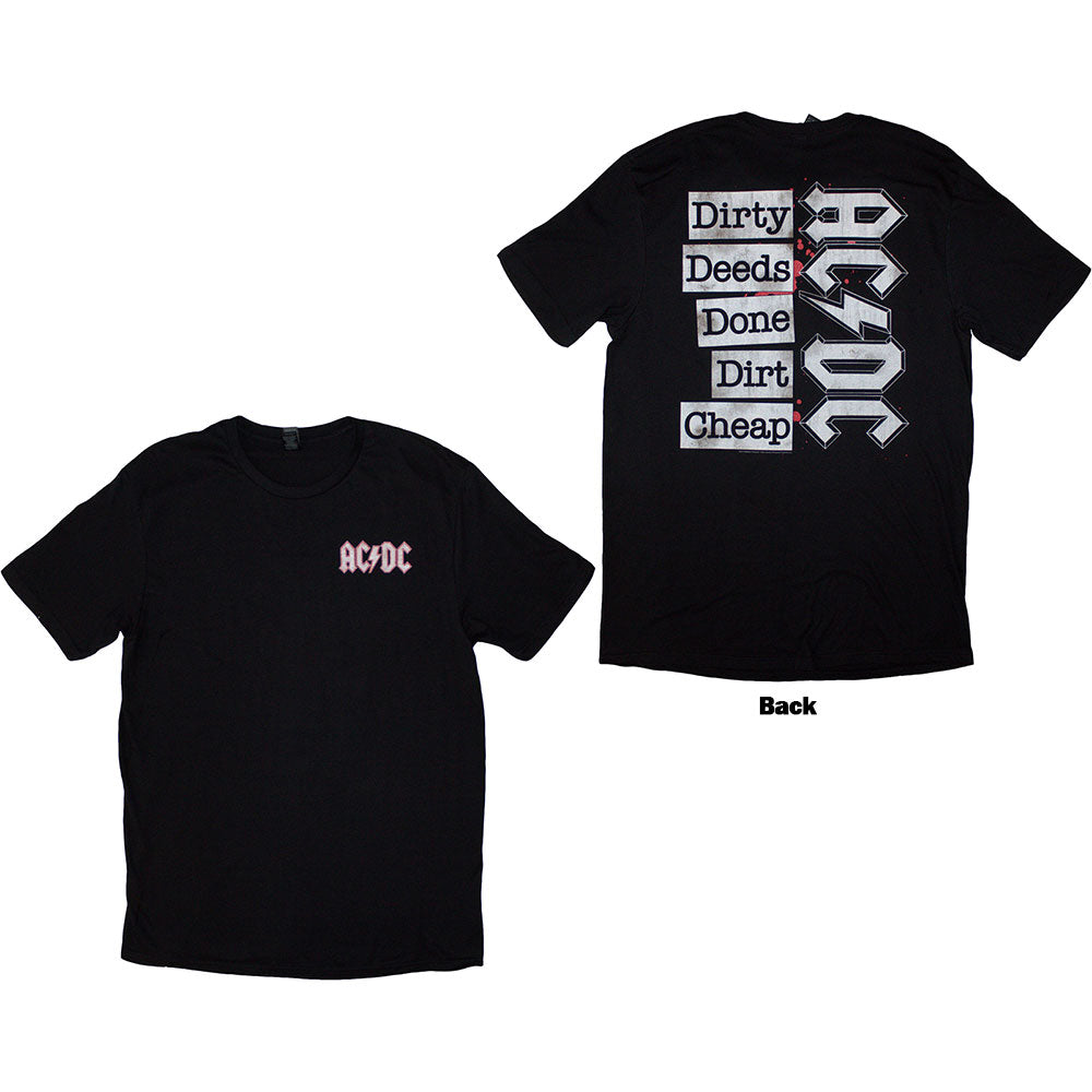 Black AC/DC t-shirt with small logo front, “Dirty Deeds” design on back.