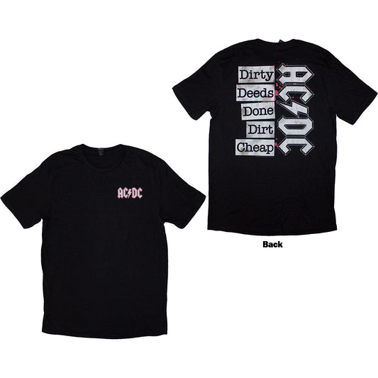 Black AC/DC t-shirt with small logo front, “Dirty Deeds” design on back.