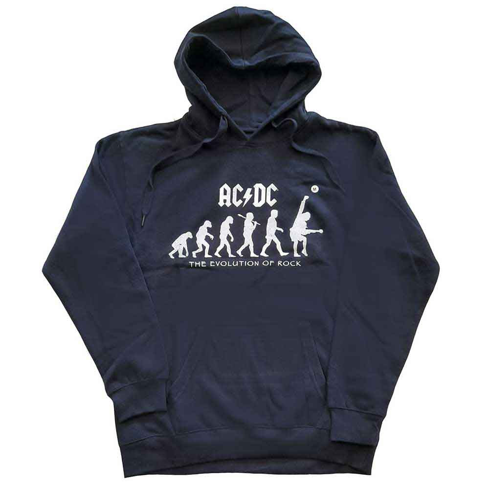 Dark pullover hoodie with AC/DC's "Evolution of Rock" graphic, size X-Large.