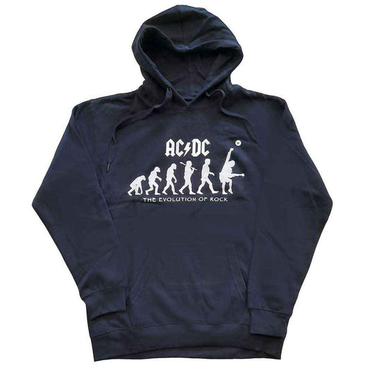 Dark pullover hoodie with AC/DC's "Evolution of Rock" graphic, size X-Large.