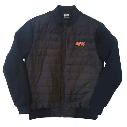 Man wearing a black quilted AC/DC bomber jacket over a white t-shirt.
