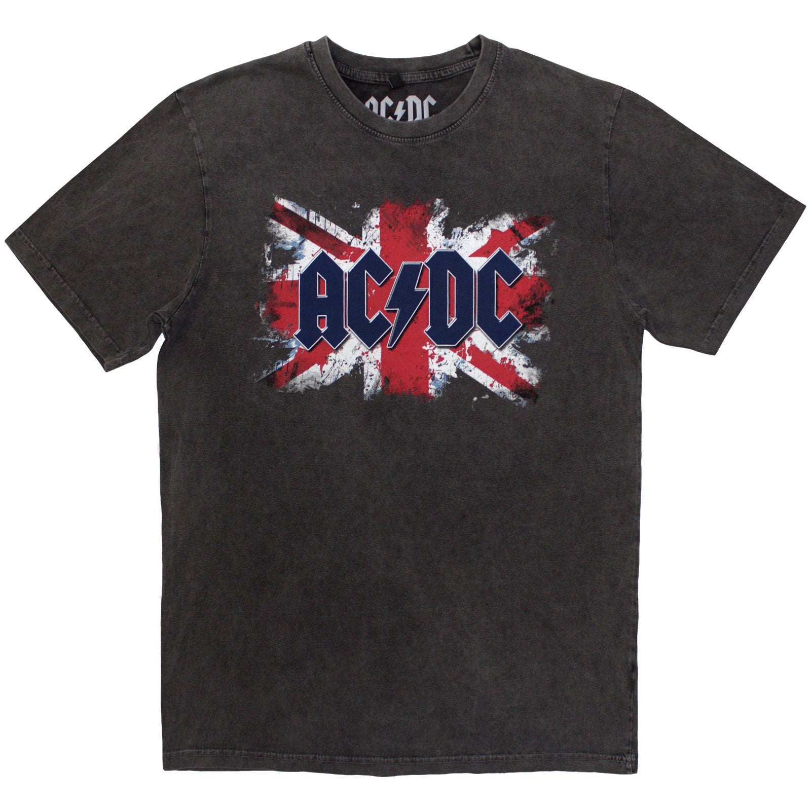 Washed black t-shirt with a faded American flag and AC/DC logo.