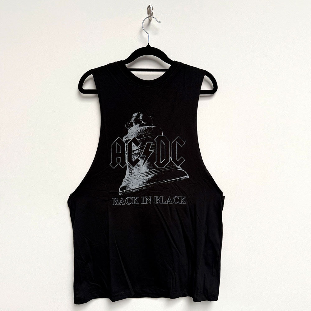 Black unisex sleeveless t-shirt featuring the AC/DC Back in Black bell graphic print.