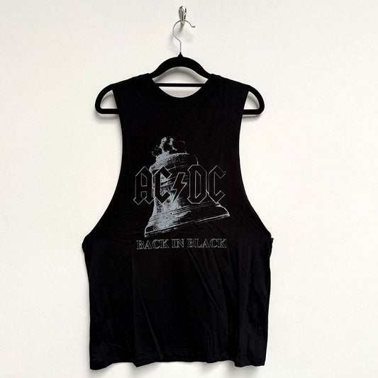 Black unisex sleeveless t-shirt featuring the AC/DC Back in Black bell graphic print.