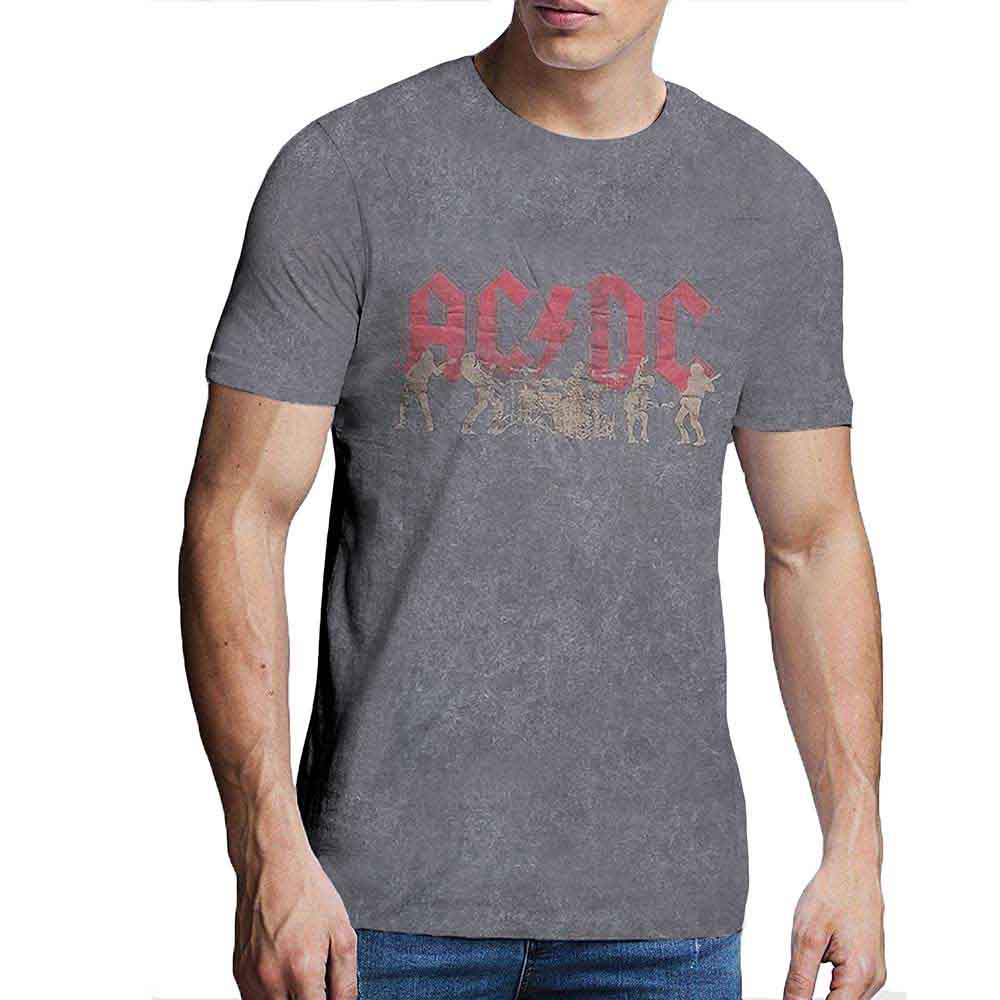 Gray AC/DC t-shirt with vintage band silhouette graphic, worn by a man.