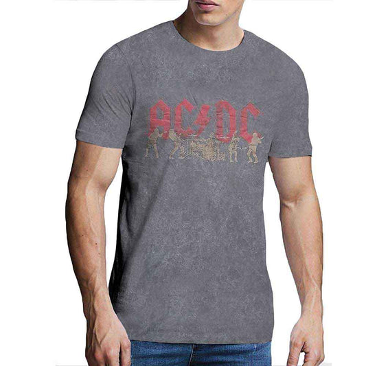 Gray AC/DC t-shirt with vintage band silhouette graphic, worn by a man.