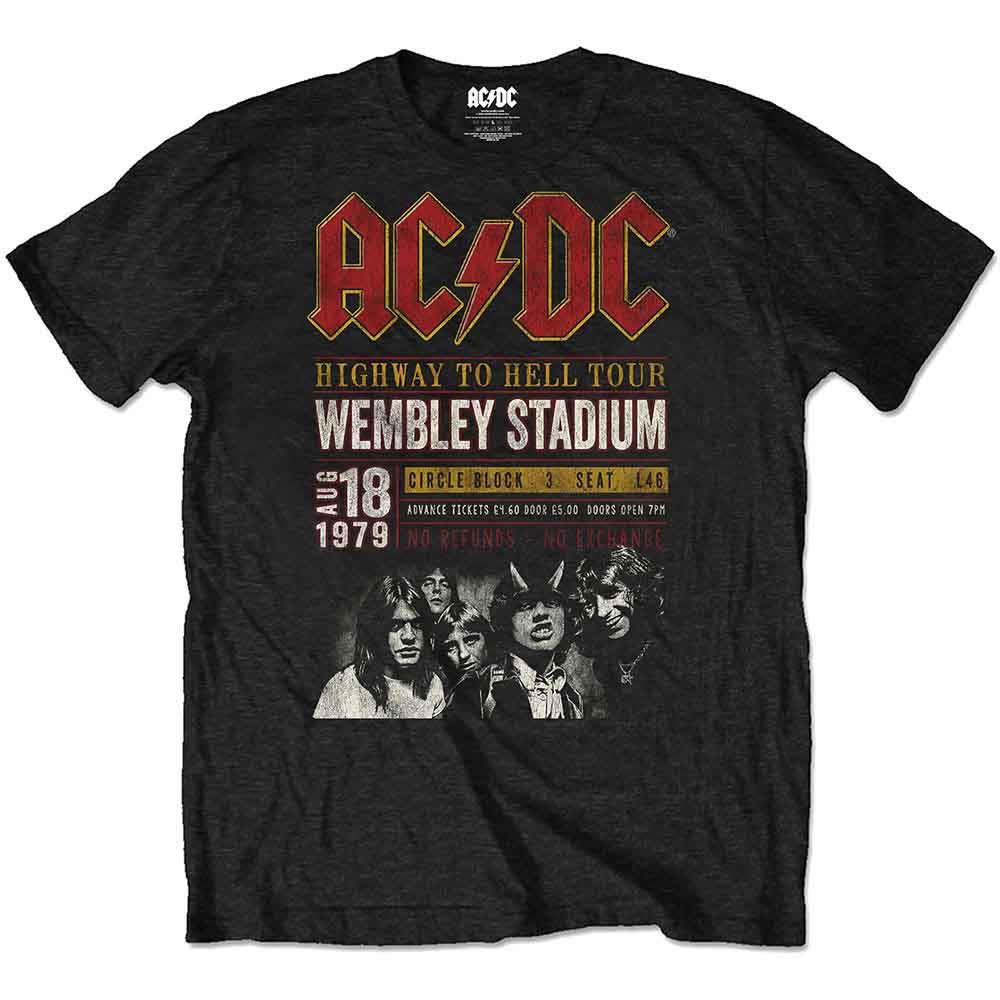 Black AC/DC t-shirt with 1979 Wembley concert tour graphic and band photos.