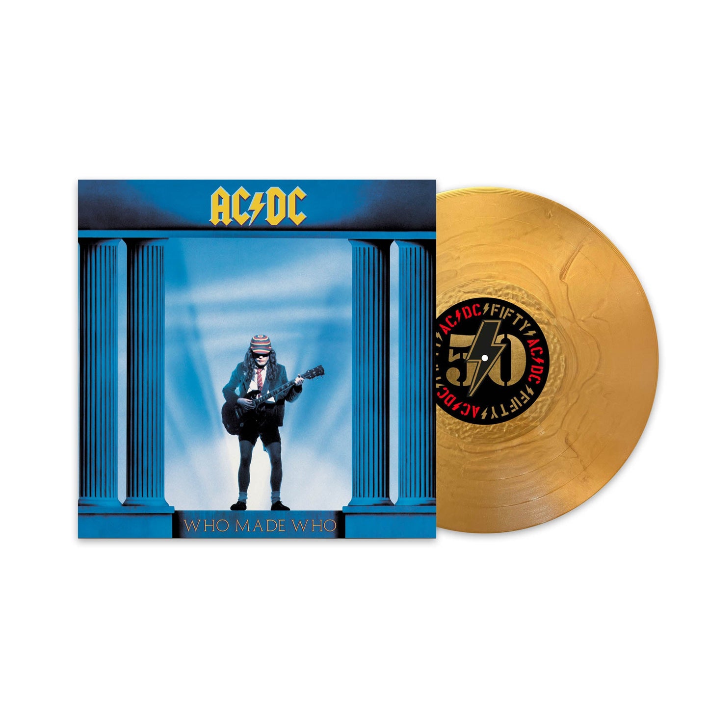 AC/DC “Who Made Who” 50th Anniversary vinyl record and cover art.