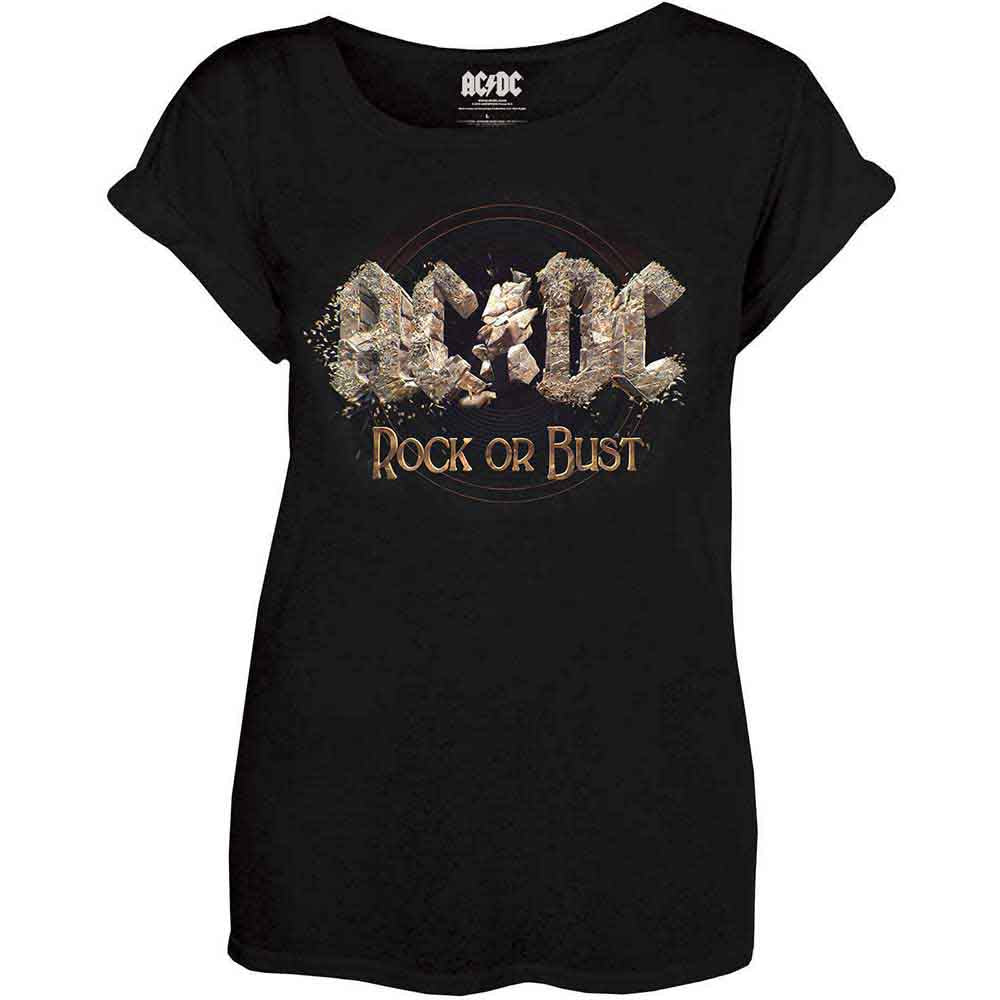 Black AC/DC “Rock or Bust” t-shirt worn by a woman.