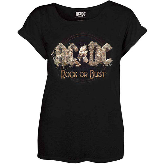 Black AC/DC “Rock or Bust” t-shirt worn by a woman.