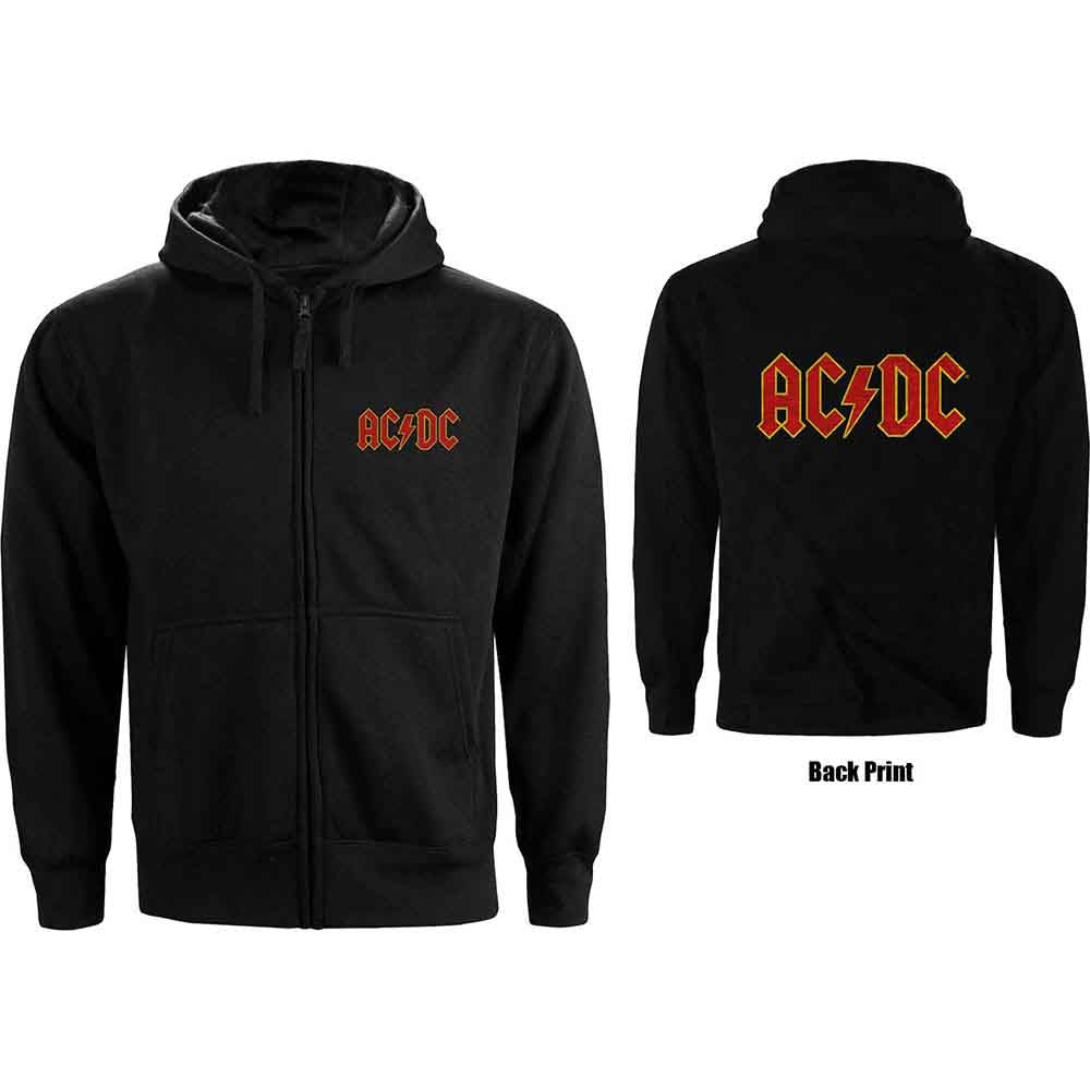 Black zipped hoodie with red AC/DC logo on the chest.