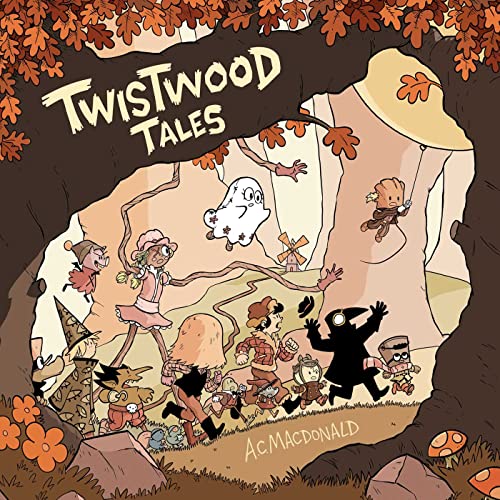 Cartoon characters and a ghost run through a forest under a large tree canopy.