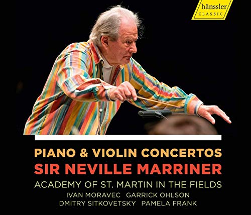 Sir Neville Marriner conducting, album cover for piano and violin concertos.