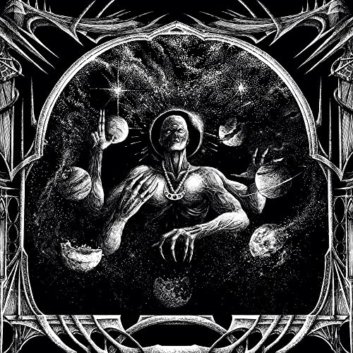 Black and white illustration of a celestial figure with planets.