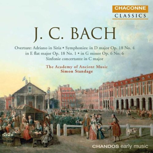 "CD cover featuring 18th-century market scene with text describing J.C. Bach's symphonies."