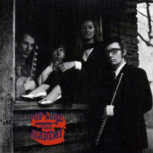 "Album cover with four men in black and white, red text at the bottom."