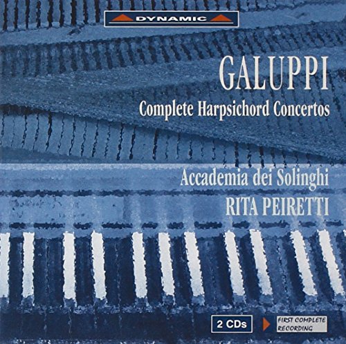CD cover titled Galuppi Complete Harpsichord Concertos with blue abstract keyboard design.