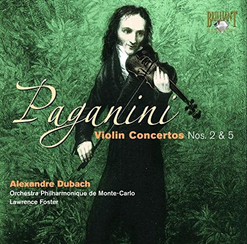 CD cover: Paganini playing violin against a green, leafy background.