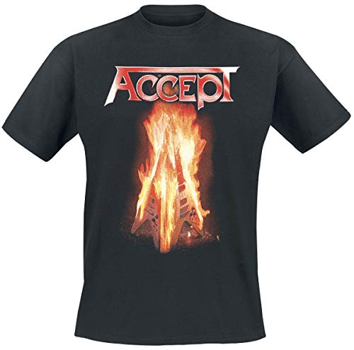 Black t-shirt with red and yellow "Accept" band logo graphic.