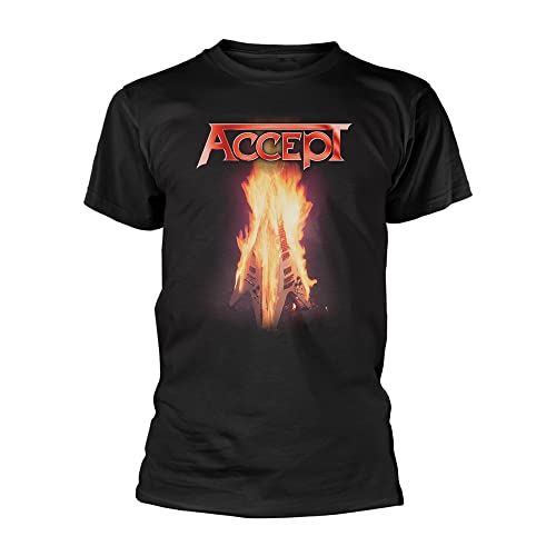 Black t-shirt featuring the Accept logo above a burning Flying V electric guitar.