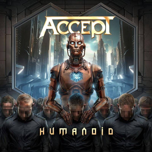 A metallic robot stands behind a group of people with pixelated faces.