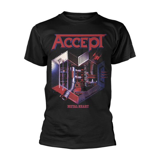 Black t-shirt with "ACCEPT" logo and robotic heart graphic.