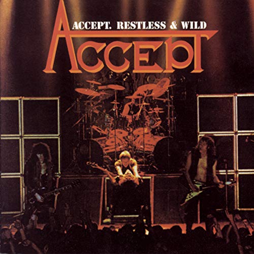 Accept's "Restless & Wild" CD cover featuring band members and drums.