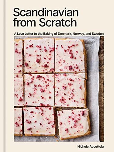 Book cover titled Scandinavian from Scratch showing square frosted pastries topped with red berries.